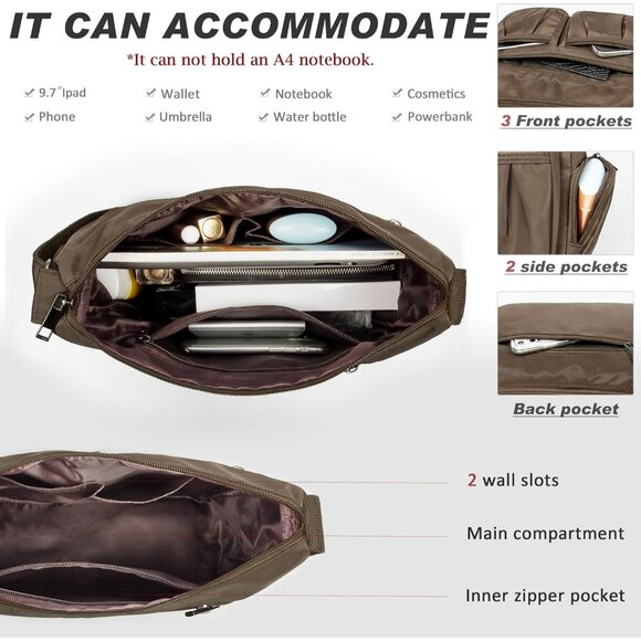 Women Coffee-m Nylon Water Resistant Anti Theft Travel Crossbody Shoulder Bag - Picture 5 of 7